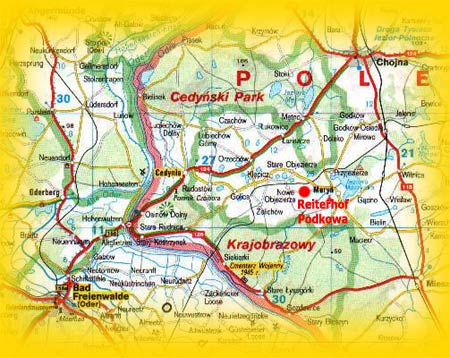 Lageskizze von Moryn - Das ist die Route aus Richtung Berlin zum Reiterhof Podkowa - Die B 158 über Bad Freienwalde bis zum Grenzübergang Hohenwutzen; nach Grenzübertritt die 124 bis Cedynia; in Cedynia rechts abbiegen auf die 125 bis Moryn